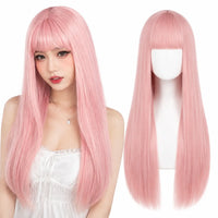 Pastel pink 26 inch straight wig with bangs on model and mannequin