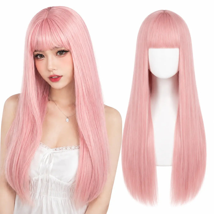 Pastel pink 26 inch straight wig with bangs on model and mannequin