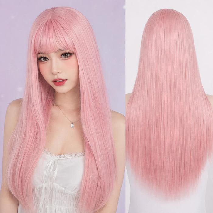 Pink Straight Cosplay Wig with Bangs – 26" Heat Resistant Synthetic Hair
