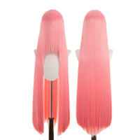 Two pink wigs on mannequin heads against a white background