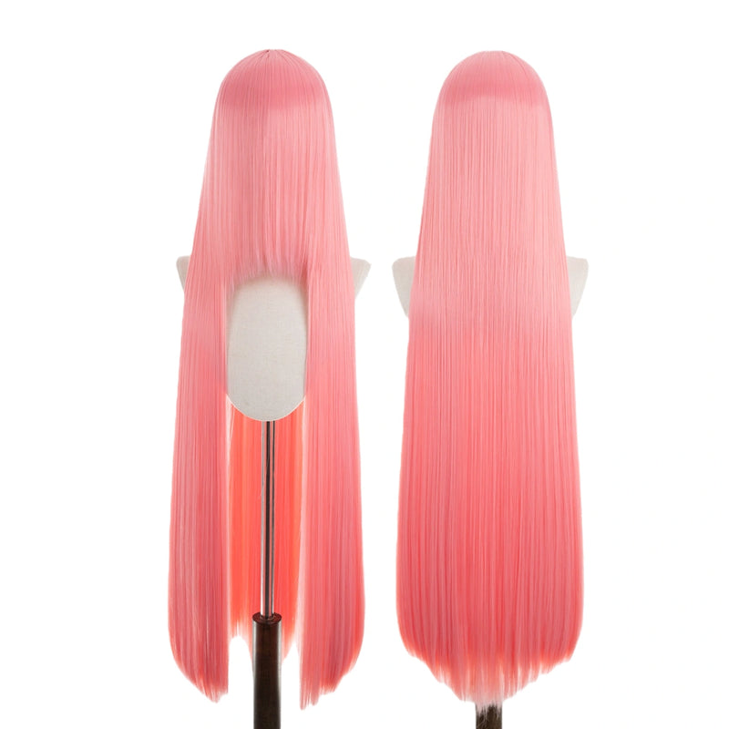 Two pink wigs on mannequin heads against a white background