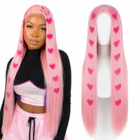 Pink heart print 26 inch straight cosplay wig on model and mannequin