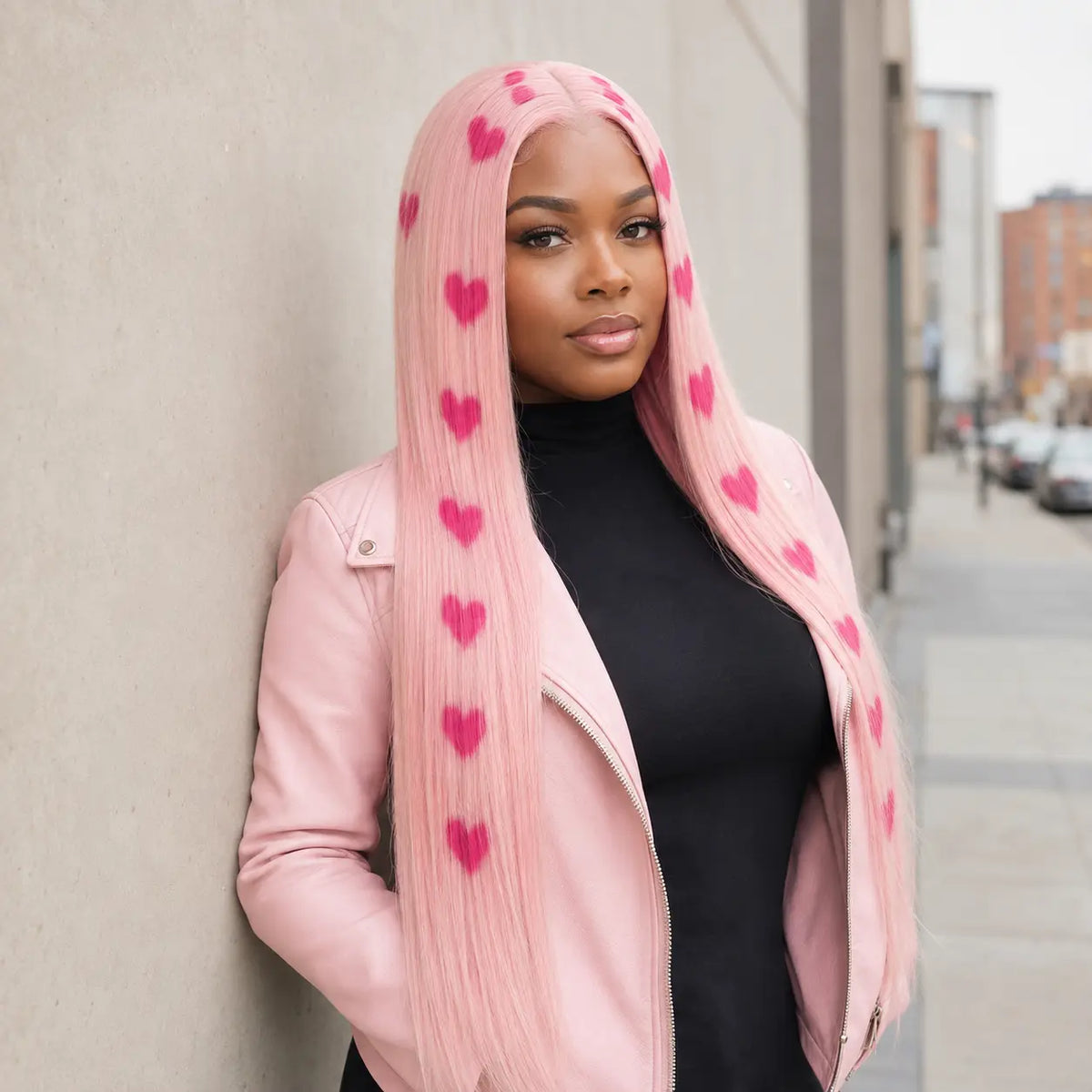 Model wearing pink heart print straight wig in street style look