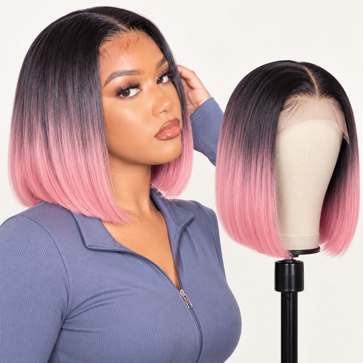 Illustrative pink ombre bob wig, check selected variant