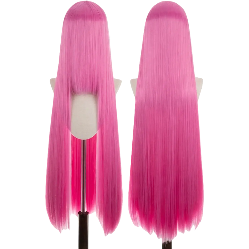 Two pink wigs on mannequin heads against a white background