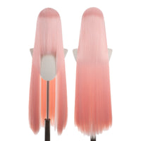 Two pink wigs on mannequin heads against a white background