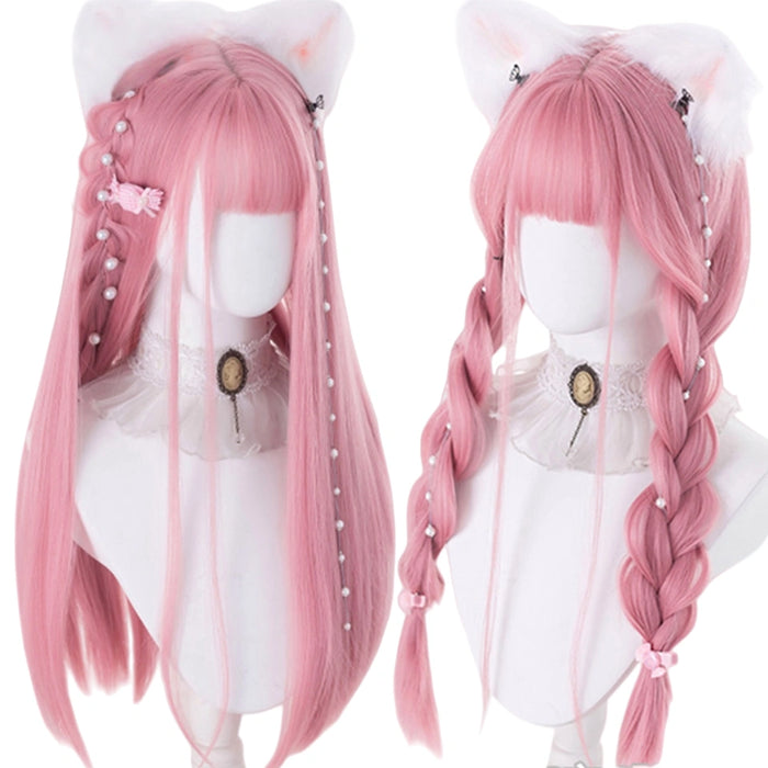Heat-Resistant Synthetic Pink Cosplay Wig with Bangs – Long Straight 24 Inch Wig for Women