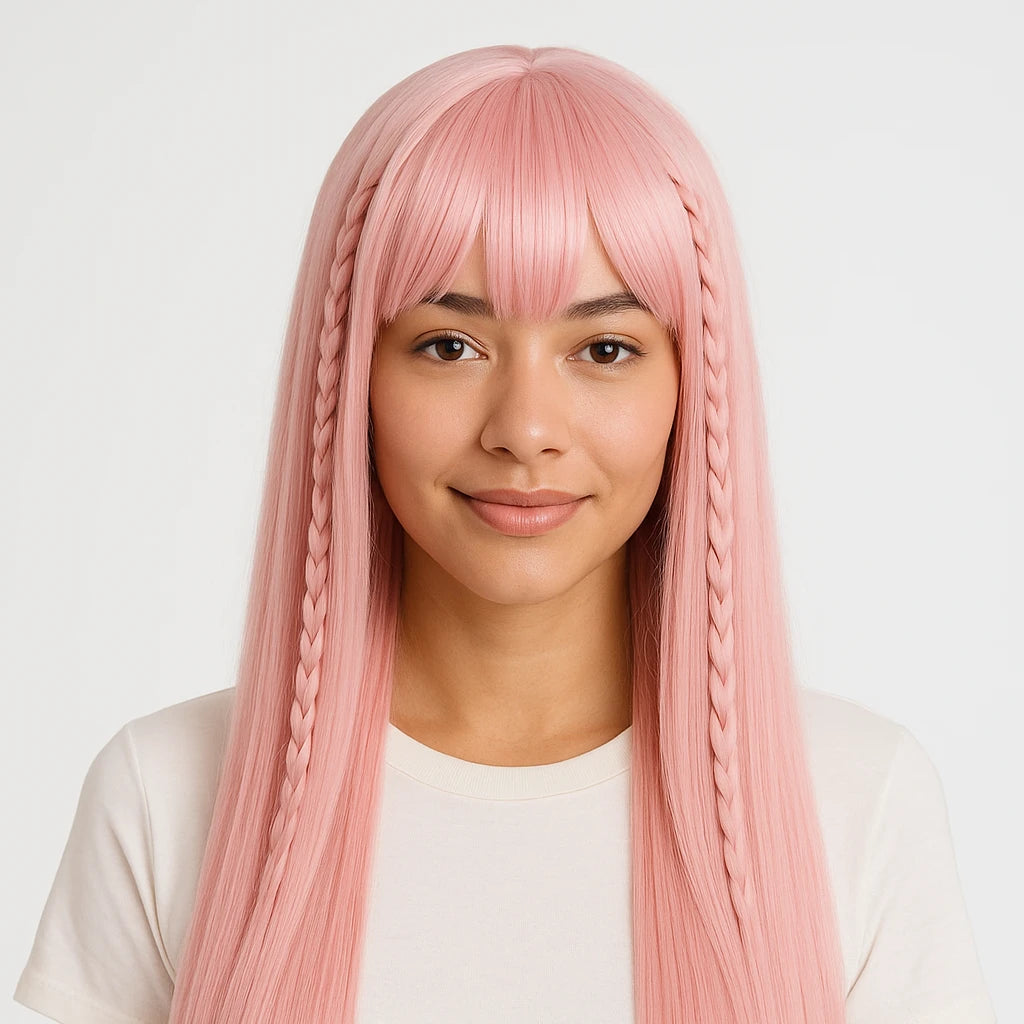 Heat-Resistant Pink Cosplay Wig with Bangs – 24" Long Straight Anime Wig | Soft Matte Fiber, Natural Look for Women