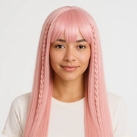 Heat-Resistant Pink Cosplay Wig with Bangs – 24" Long Straight Anime Wig | Soft Matte Fiber, Natural Look for Women