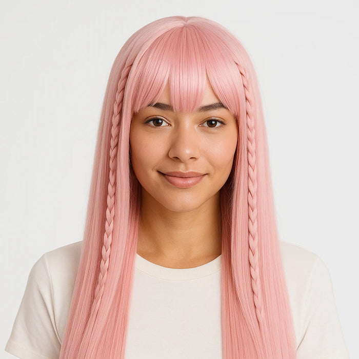 Heat-Resistant Pink Cosplay Wig with Bangs – 24" Long Straight Anime Wig | Soft Matte Fiber, Natural Look for Women