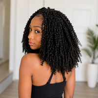 Model wearing Small Spiral Curl Human Hair for Crochet Braids – Natural Black in back lifestyle view