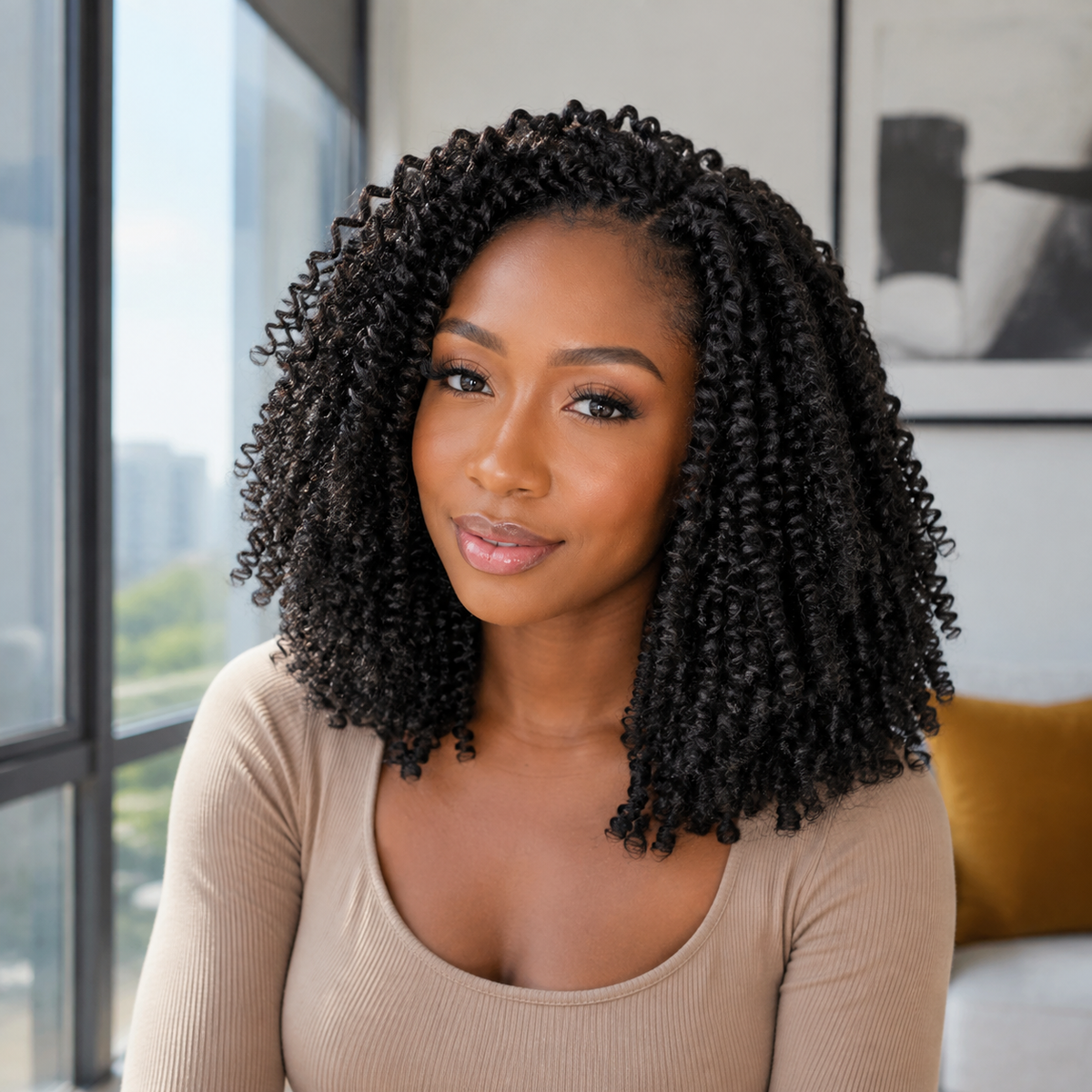 Model wearing Small Spiral Curl Human Hair for Crochet Braids – Natural Black in indoor lifestyle view
