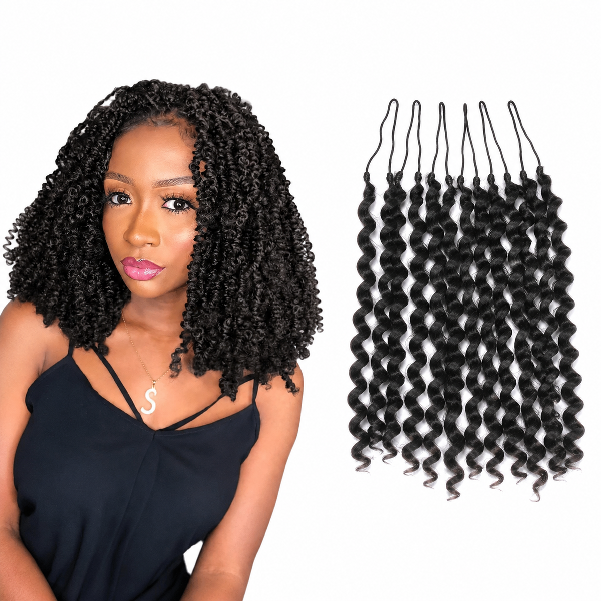 Small Spiral Curl Human Hair for Crochet Braids – Natural Black with model and hair product on white background