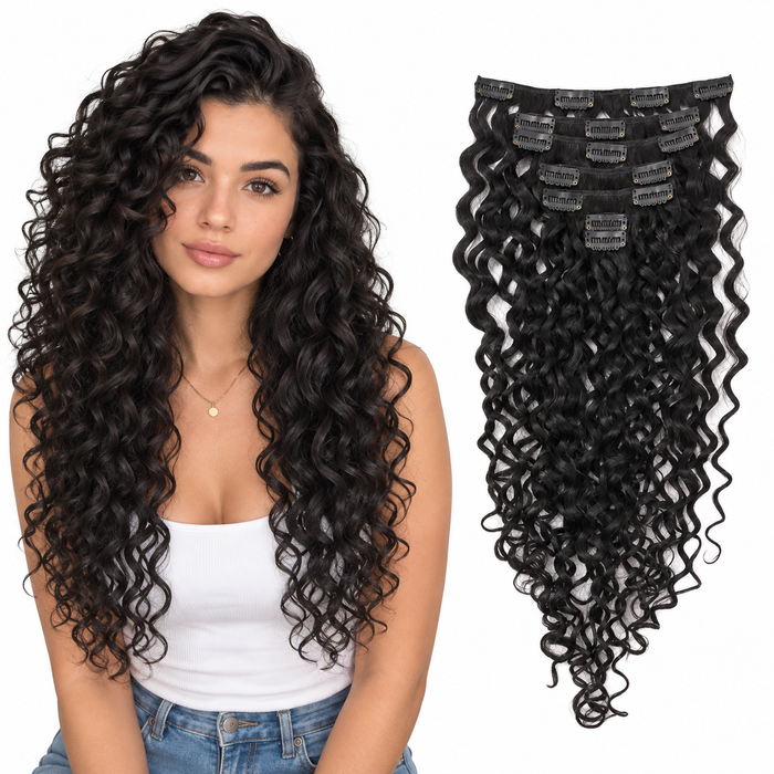 Curly Water Wave Human Hair Clip-Ins – 7 Pieces – black – model and matching hair extensions