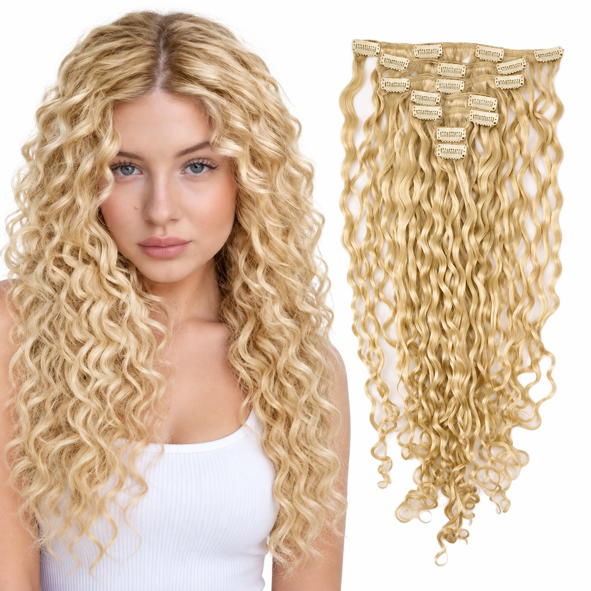 Curly Water Wave Human Hair Clip-Ins – 7 Pieces – blonde – model and matching hair extensions