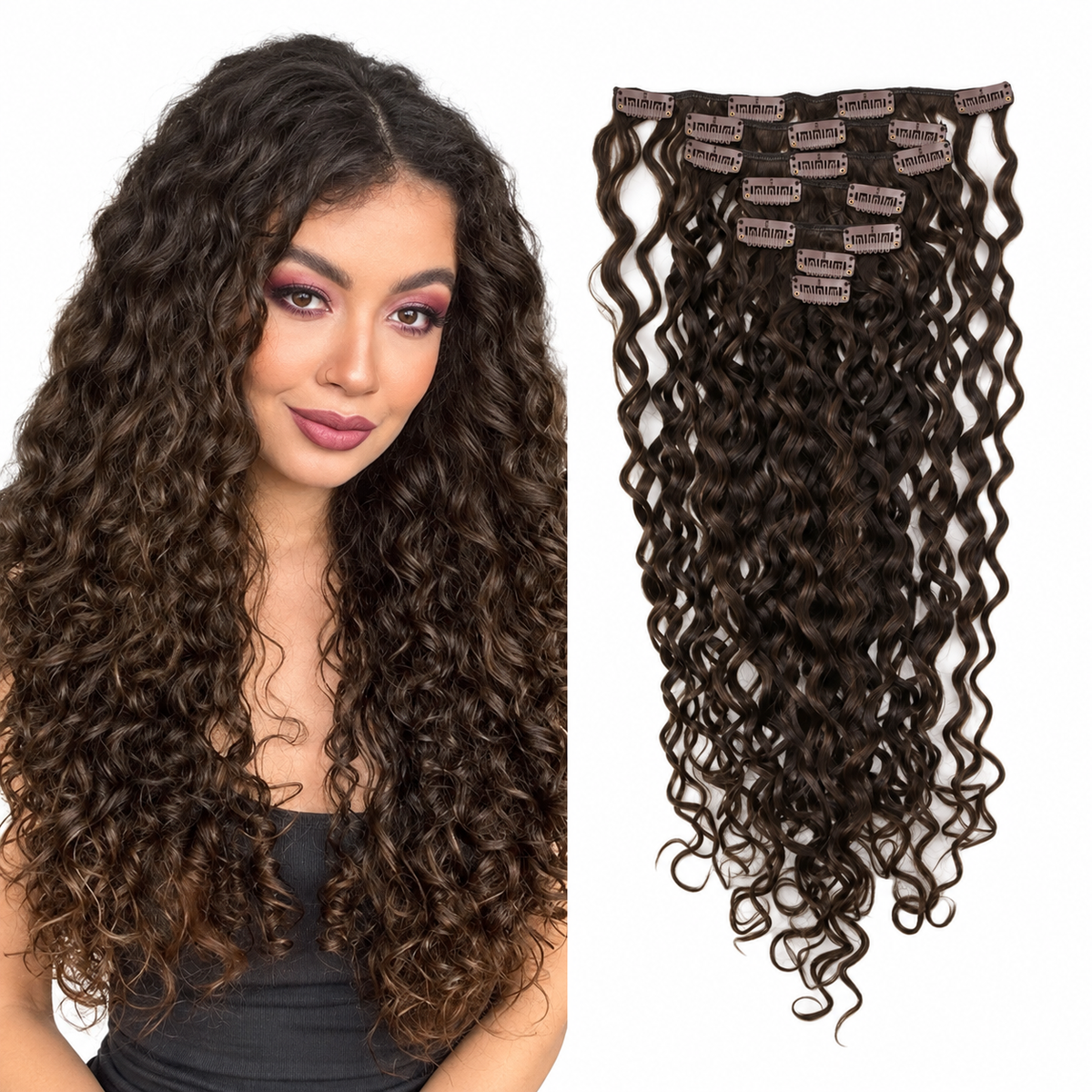 Curly Water Wave Human Hair Clip-Ins – 7 Pieces – brown – model and matching hair extensions