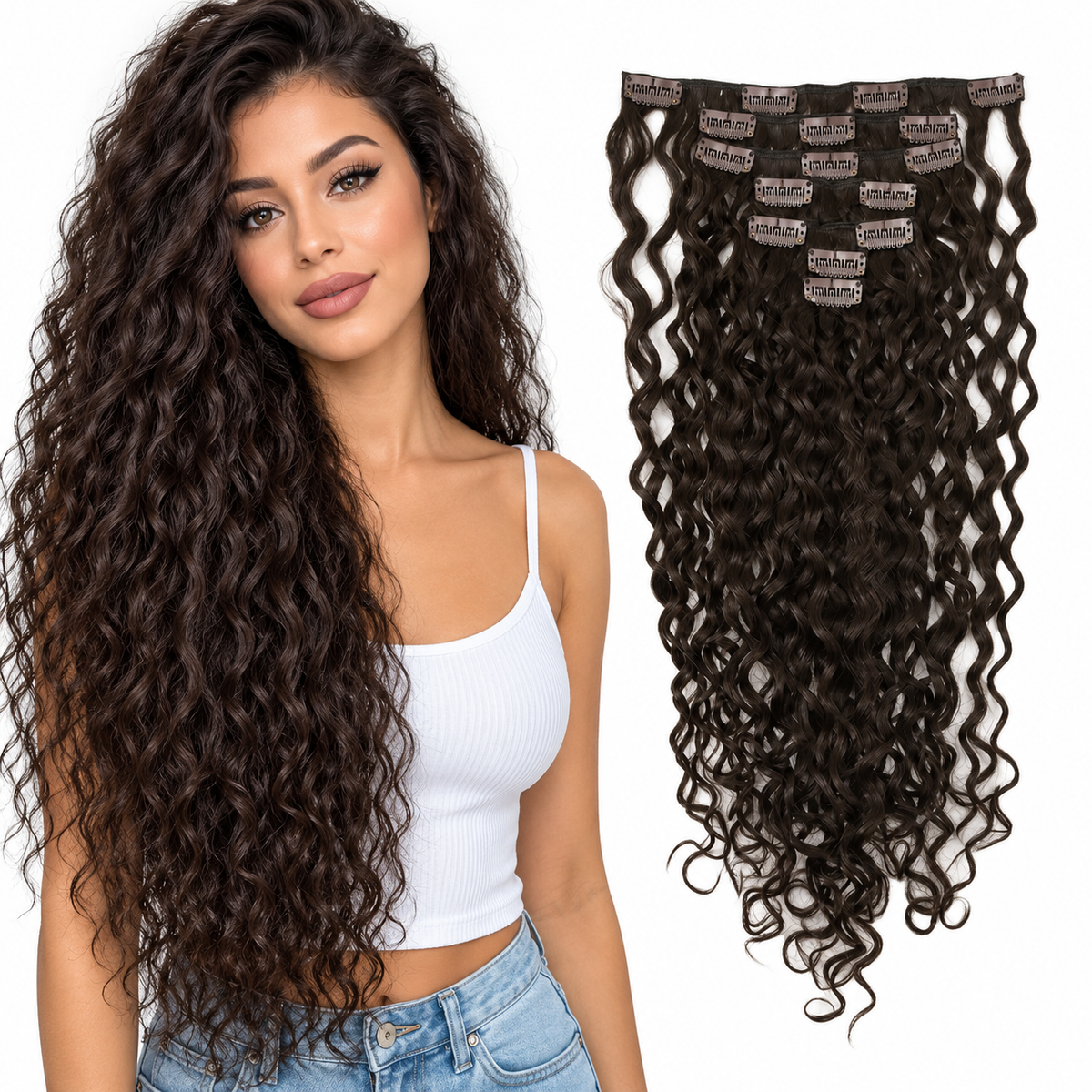 Curly Water Wave Human Hair Clip-Ins – 7 Pieces – dark-brown – model and matching hair extensions