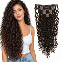 Curly Water Wave Human Hair Clip-Ins – 7 Pieces – dark-brown – model and matching hair extensions
