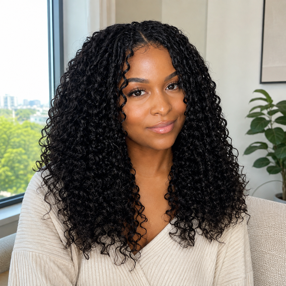 Model wearing Water Wave Human Hair for Crochet Braids – Pre-Separated in indoor lifestyle view