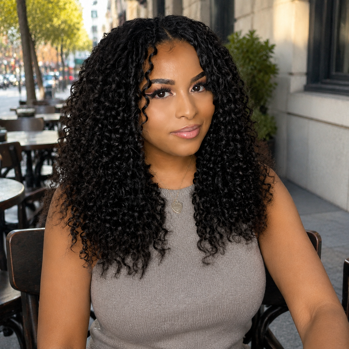 Model wearing Water Wave Human Hair for Crochet Braids – Pre-Separated in outdoor lifestyle view