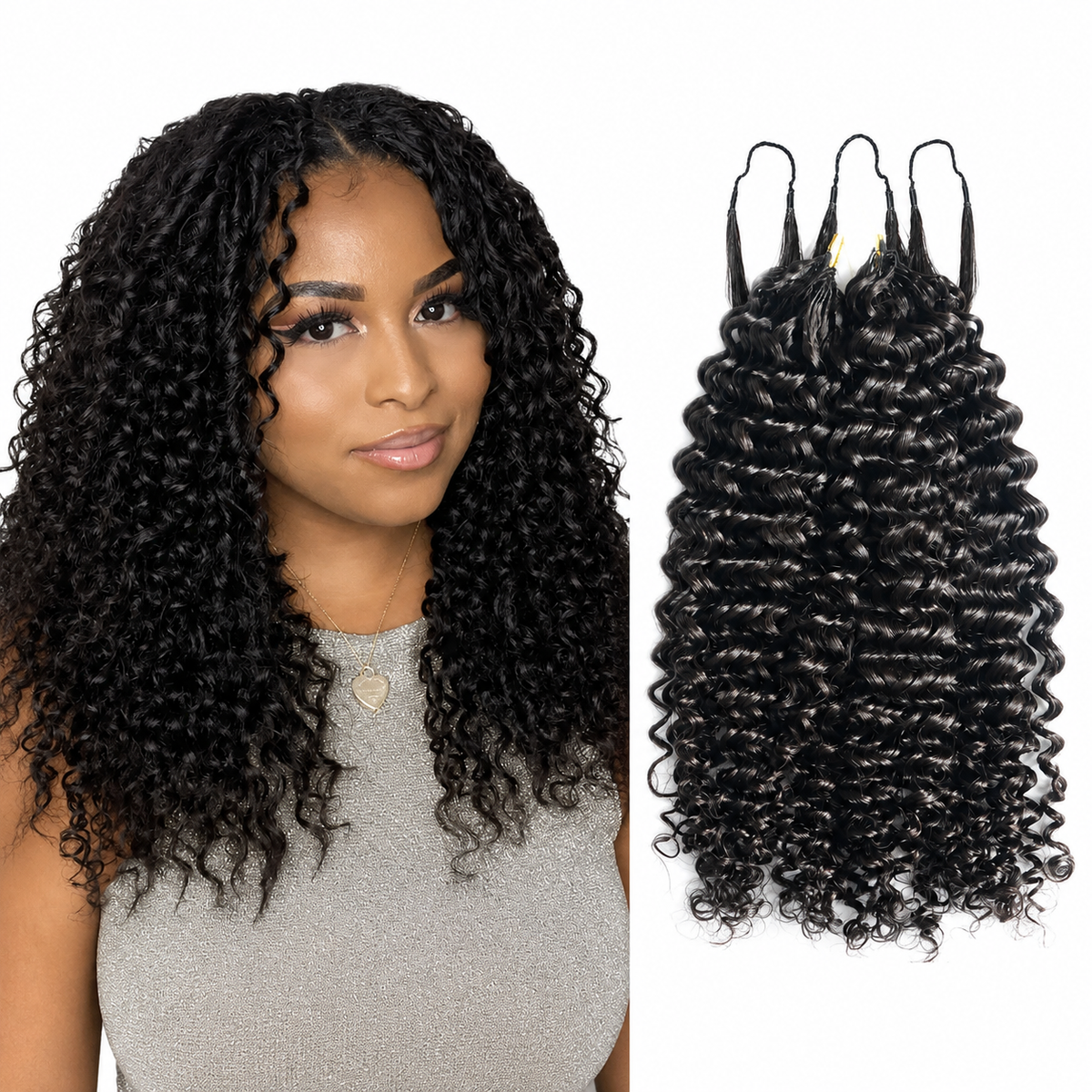 Water Wave Human Hair for Crochet Braids – Pre-Separated with model and hair product on white background