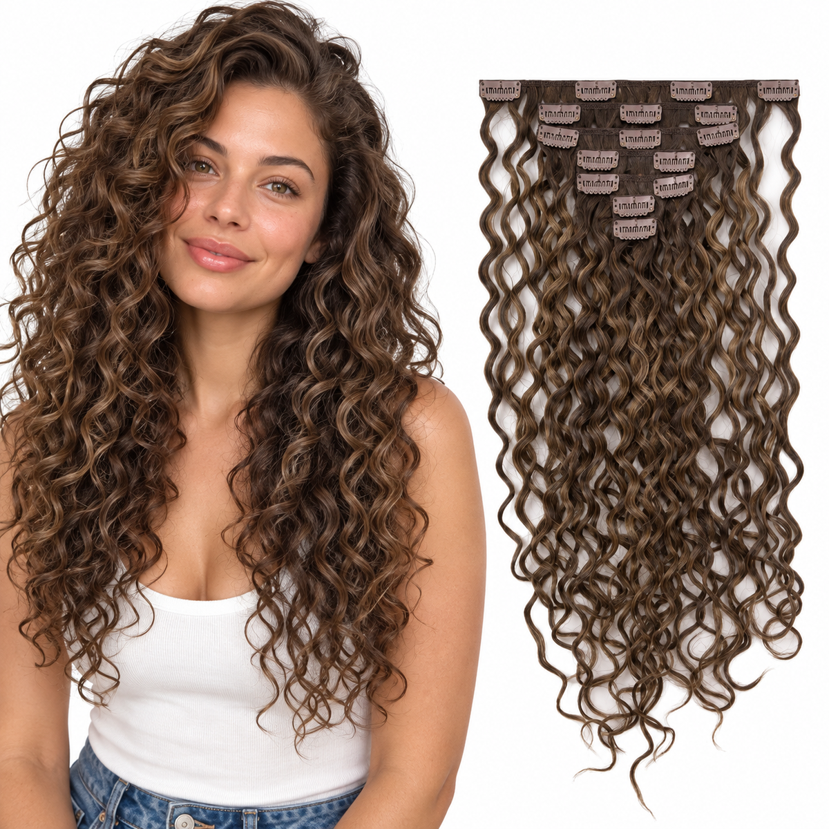 Curly Water Wave Human Hair Clip-Ins – 7 Pieces – mixed-brown – model and matching hair extensions