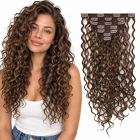Curly Water Wave Human Hair Clip-Ins – 7 Pieces – mixed-brown – model and matching hair extensions