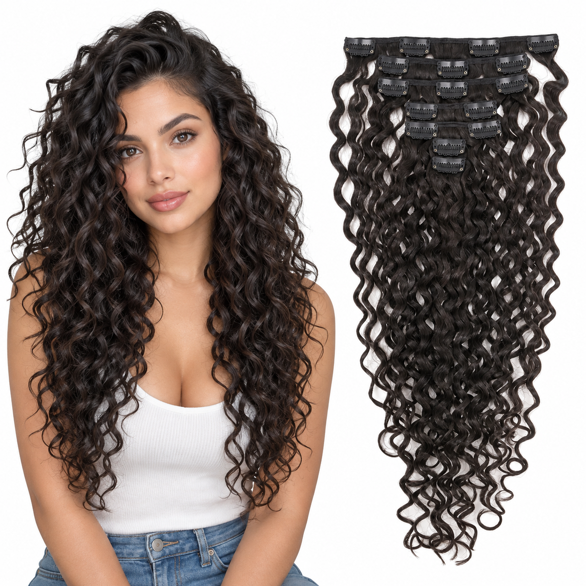 Curly Water Wave Human Hair Clip-Ins – 7 Pieces – natural-black – model and matching hair extensions