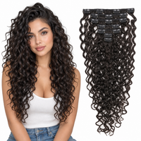 Curly Water Wave Human Hair Clip-Ins – 7 Pieces – natural-black – model and matching hair extensions