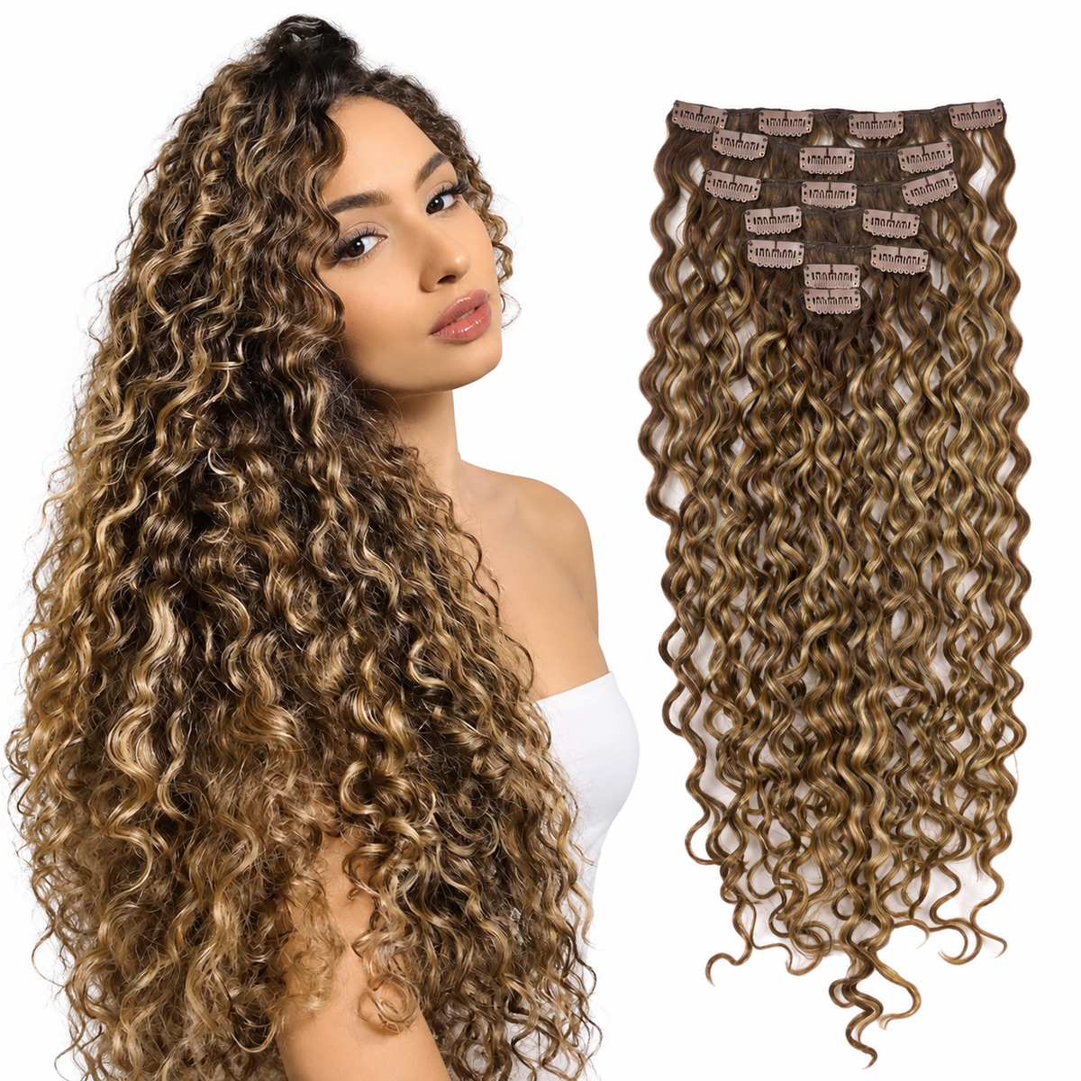 Curly Water Wave Human Hair Clip-Ins – 7 Pieces – ombre – model and matching hair extensions