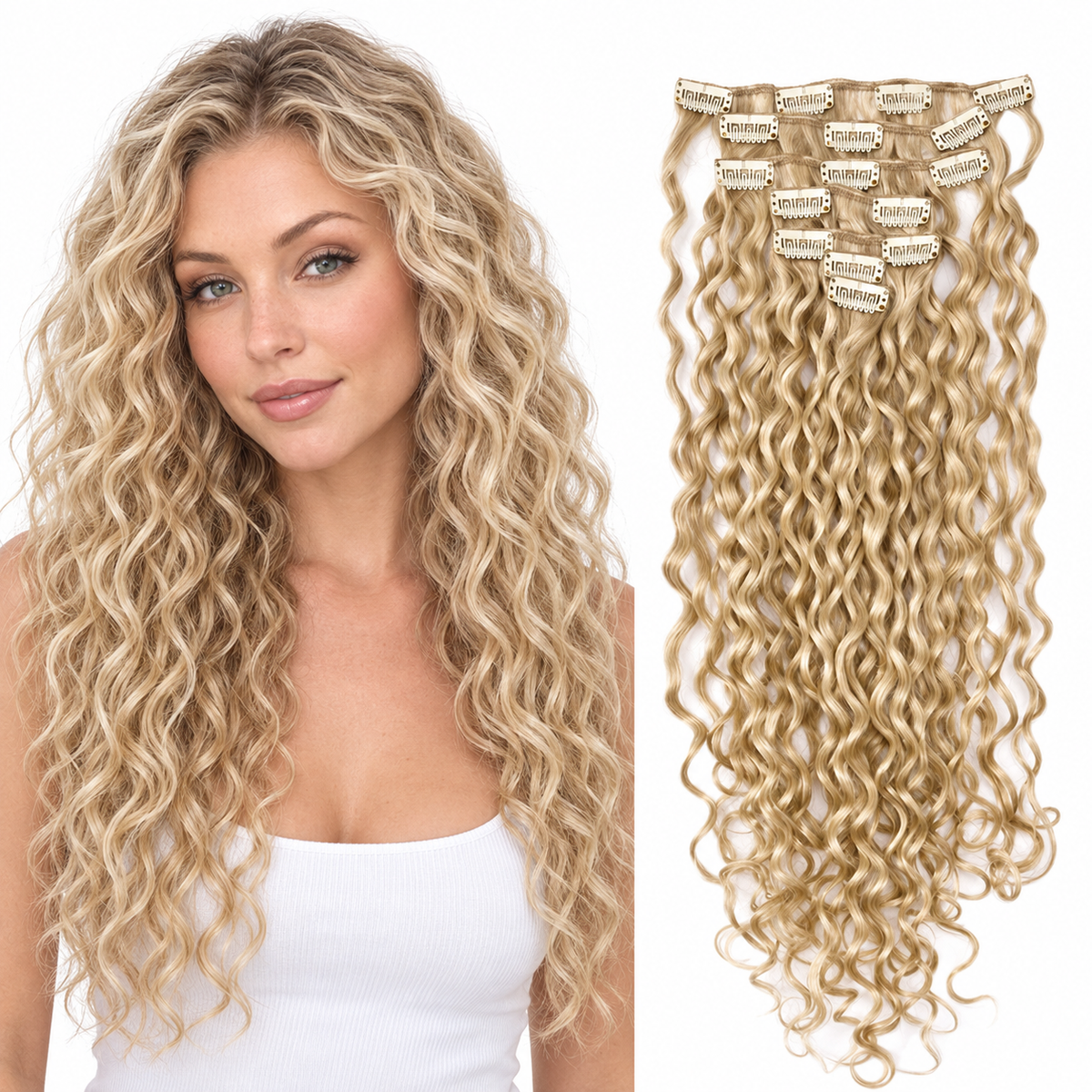 Curly Water Wave Human Hair Clip-Ins – 7 Pieces – p18 – model and matching hair extensions