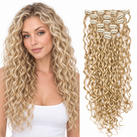 Curly Water Wave Human Hair Clip-Ins – 7 Pieces – p18 – model and matching hair extensions