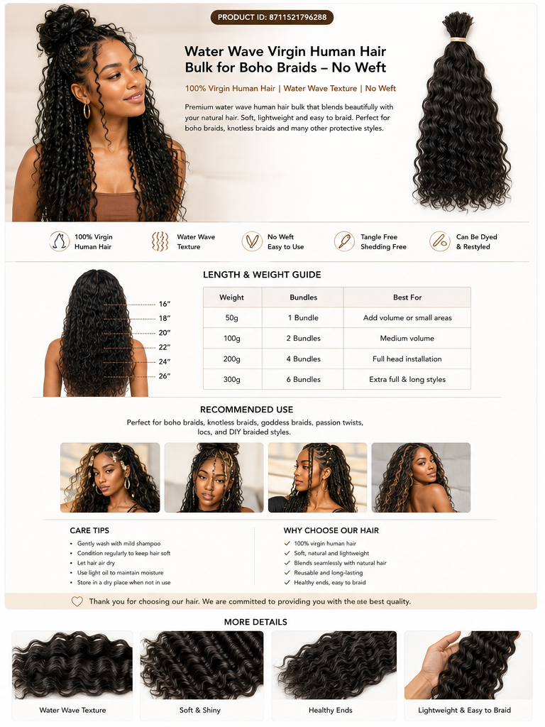 Water Wave virgin human hair bulk for boho braids lifestyle and product guide