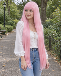 Candy Pink long straight cosplay wig with bangs, outdoor styling illustration