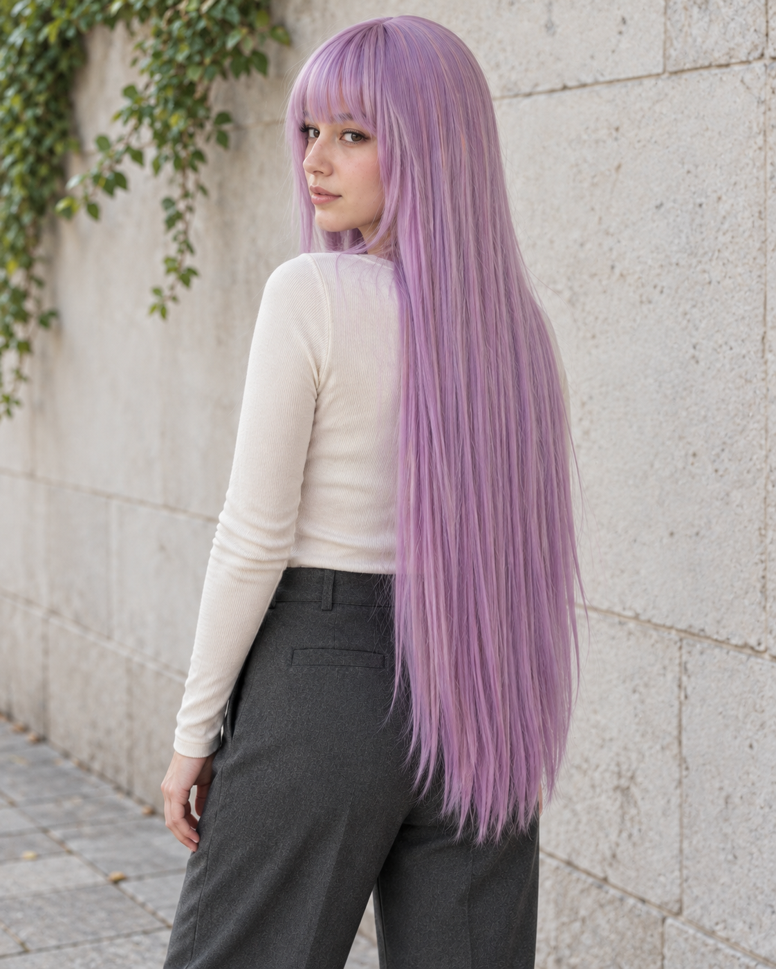 Dusty Lilac long straight wig, outdoor side-back styling illustration