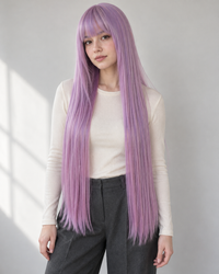 Dusty Lilac long straight cosplay wig with bangs, front styling illustration