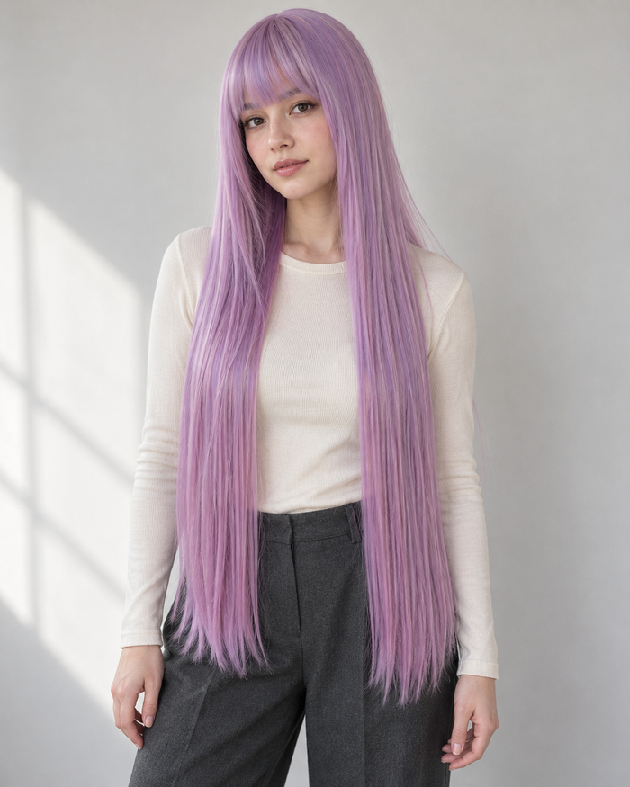 Dusty Lilac long straight cosplay wig with bangs, front styling illustration