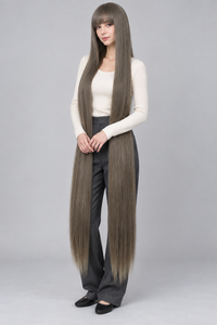 Ash Brown 150cm extra long straight cosplay wig with bangs on a full-body model