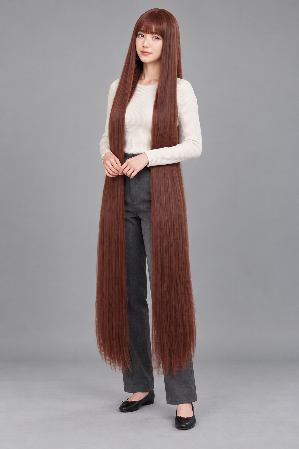 Auburn Brown 150cm extra long straight cosplay wig with bangs on a full-body model
