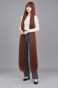 Auburn Brown 150cm extra long straight cosplay wig with bangs on a full-body model
