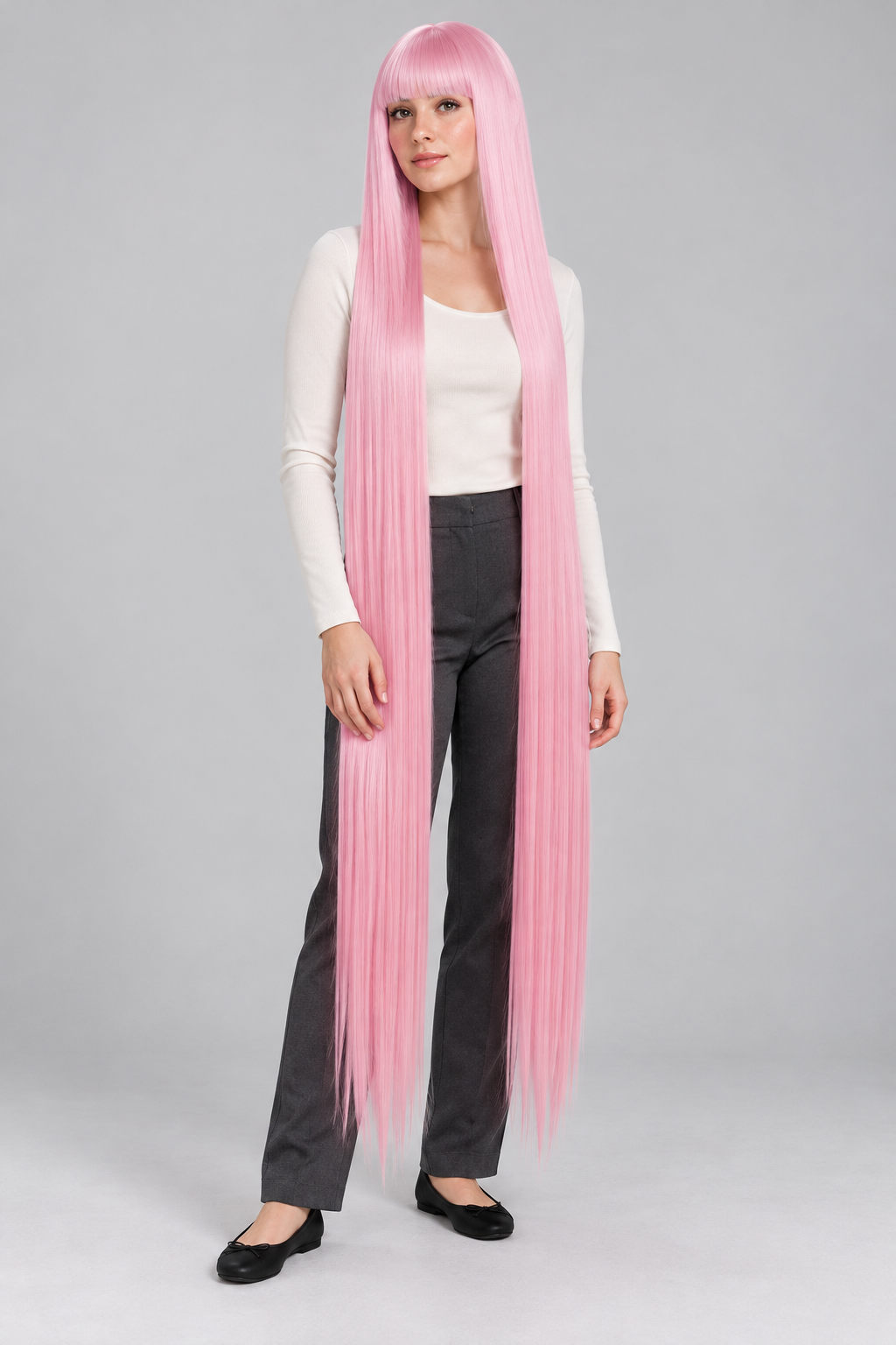 Baby Pink 150cm extra long straight cosplay wig with bangs on a full-body model