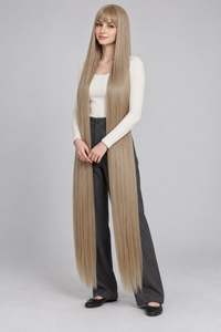 Beige Blonde 150cm extra long straight cosplay wig with bangs on a full-body model