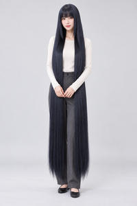 Blue Black 150cm extra long straight cosplay wig with bangs on a full-body model