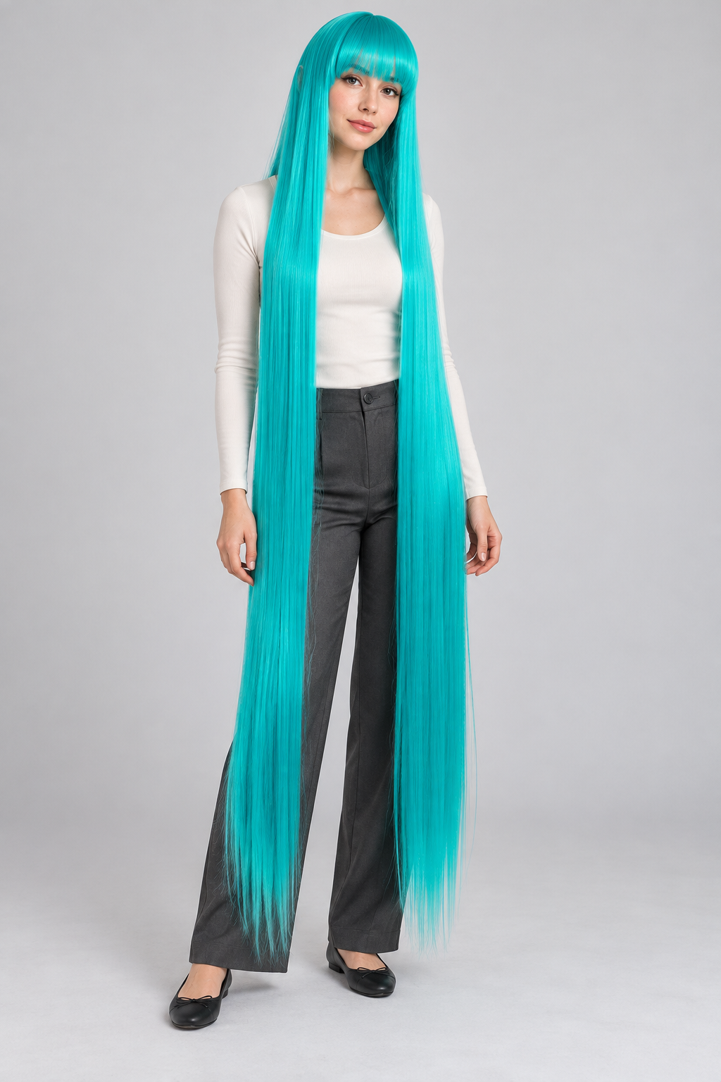 Bright Turquoise 150cm extra long straight cosplay wig with bangs on a full-body model