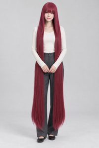 Burgundy 150cm extra long straight cosplay wig with bangs on a full-body model