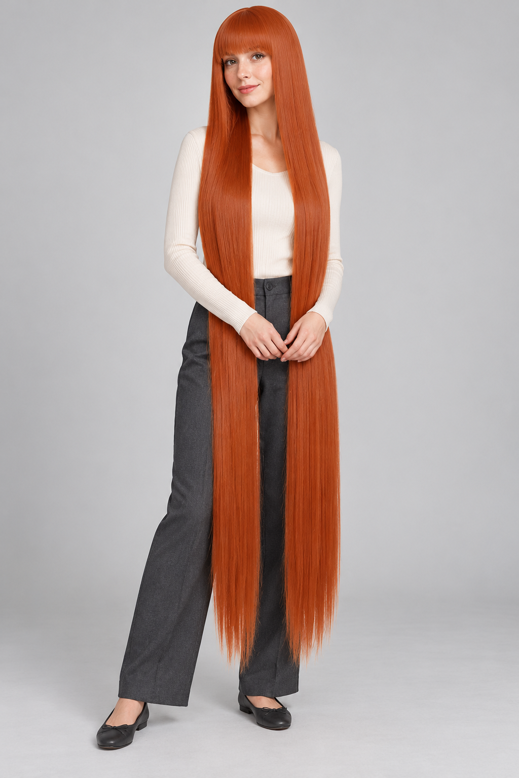 Burnt Orange 150cm extra long straight cosplay wig with bangs on a full-body model