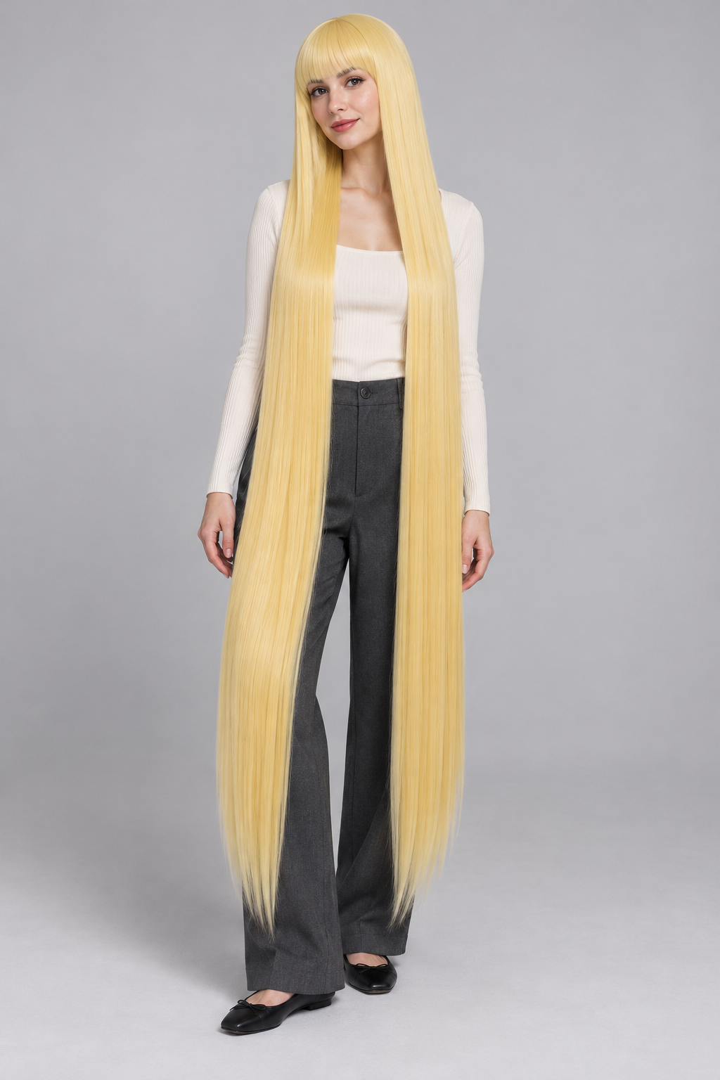 Butter Yellow 150cm extra long straight cosplay wig with bangs on a full-body model