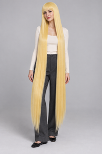 Butter Yellow 150cm extra long straight cosplay wig with bangs on a full-body model