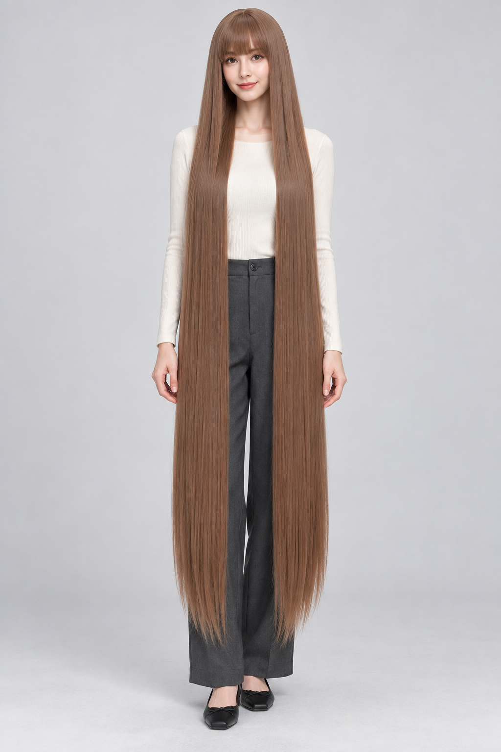 Caramel Brown 150cm extra long straight cosplay wig with bangs on a full-body model