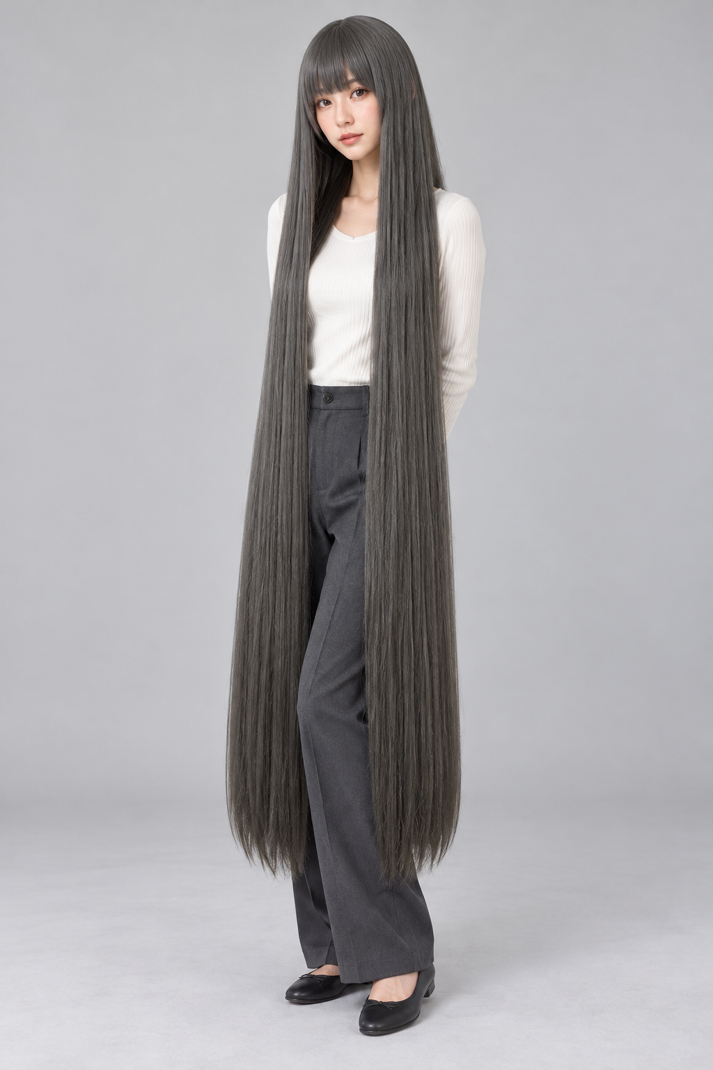 Charcoal Gray 150cm extra long straight cosplay wig with bangs on a full-body model